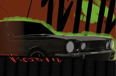 A gray car with graphic design elements that feature green and black paint graffiti-like markings behind it.