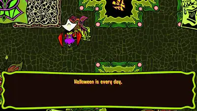 Dark Halloween-themed illustration with colorful spooky graphics and a large black panel reading “Halloween is every day”.