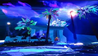 A vibrant digital illustration of a blue nighttime landscape with palm trees, water, and a small illuminated building.