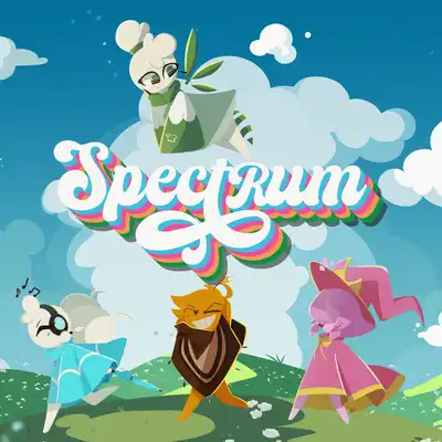 Illustration: 3 whimsical characters on a grassy hill beneath clouds and a rainbow, with the word “Spectrum” above them.