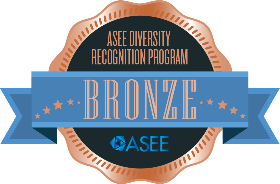 Brown and black colored badge with words: ASEE Diversity Recognition Program and then a blue label across with "Bronze" and then ASEE below it.