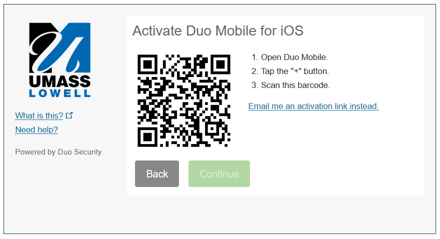 Screenshot for Activate Duo Mobile with a QR code and instructions: 1. Open Duo Mobile, 2. Tap the + button and 3. scan this barcode.