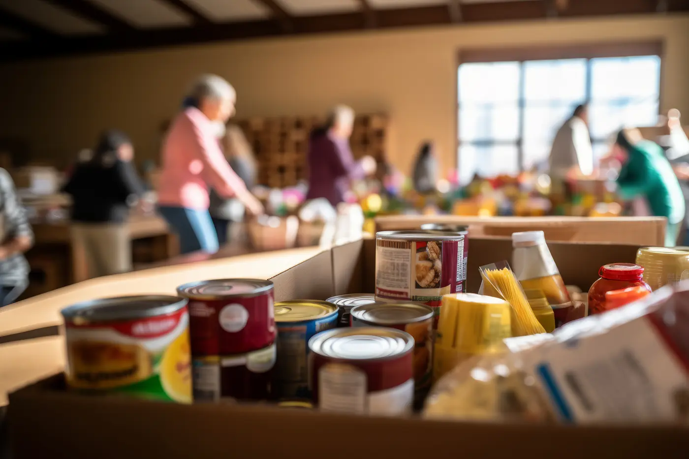 Mature person working as volunteer at community center and arranging donated food and water in boxes.