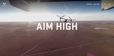 An image from the U.S. Air Force recruiting website (airforce.com) with the words "Aim High" superimposed over an aerial picture.