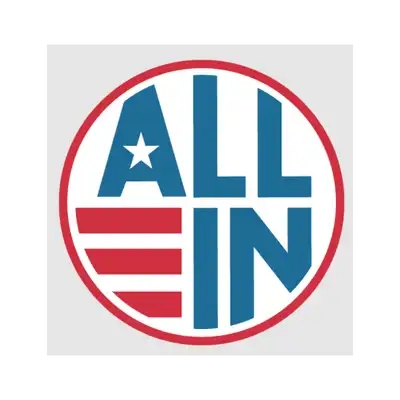 All in to Vote logo: Blue "ALL" with star in A, red and white flag stripes alongside blue "IN".