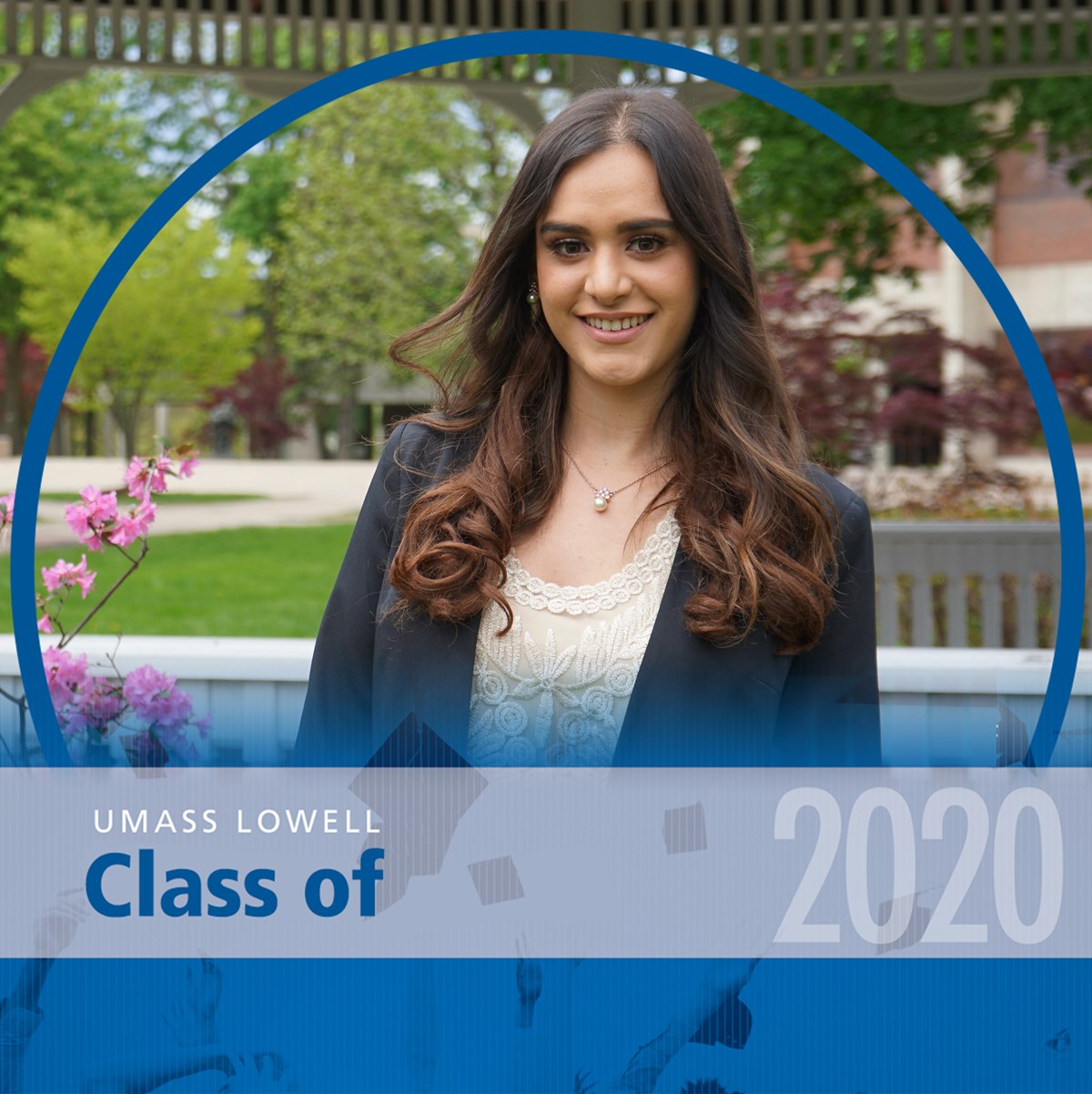 Headshot of Andrea Patino Galindo on South Campus with a blue decorative frame around it that reads "UMass Lowell Class of 2020."