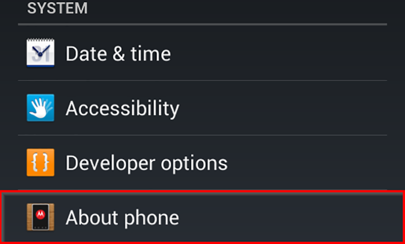 From the System settings select About Phone 