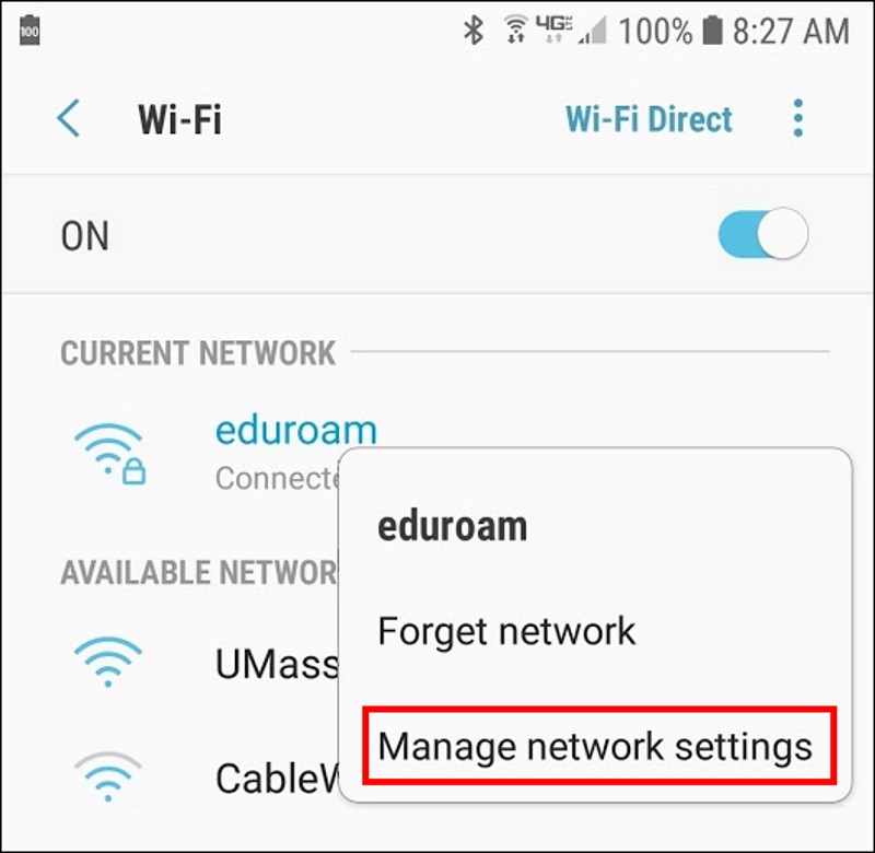 UMass Lowell eduroam WiFi Set Up – Android Note: These instructions are only needed if your Android device is experiencing a problem connecting to the eduroam WiFi network. Step 2.	Long-press on “eduroam” and select Modify network or Manage network settings.