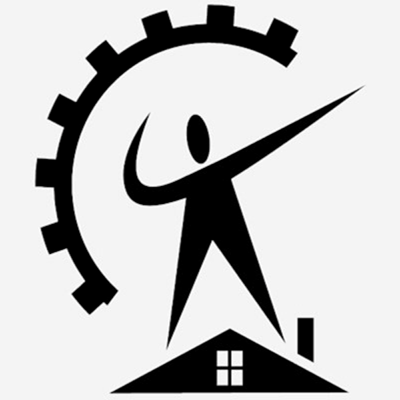 The Center for the Promotion of Health in the New England Workplace logo (minus the text): A graphic of a person standing above a roof pointing with a gear to the left of them.