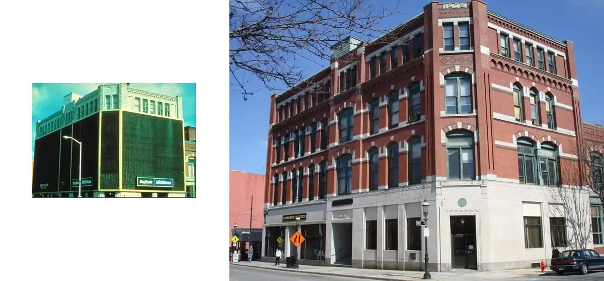 Before and after images of the large building on the corner of Appleton Block.
