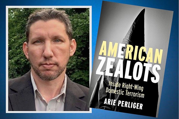 Composite image of Prof. Arie Perliger and the cover of his recent book, "American Zealots"