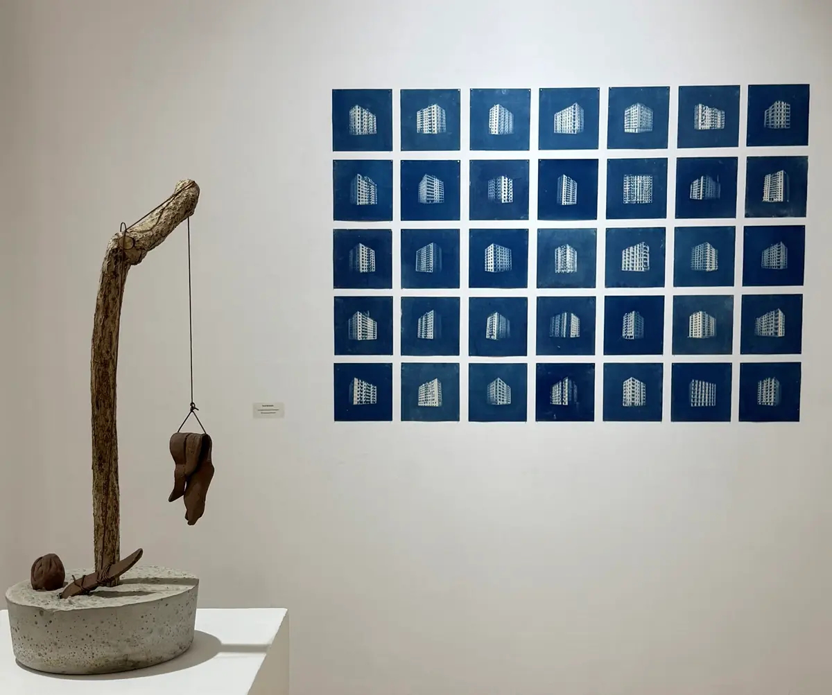 Art installation of sculpture with mixed media and multi-series building architecture.