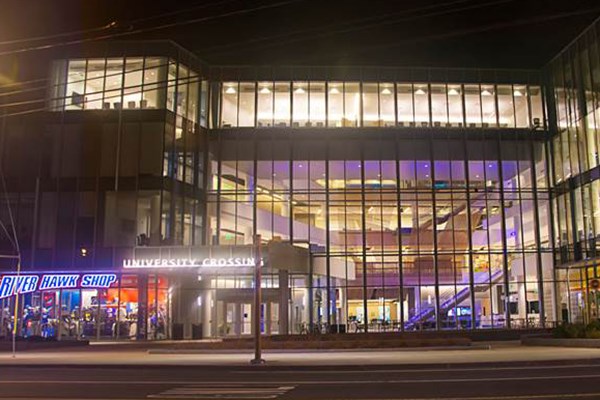 University Crossing lit up in blue for Autism Awareness Month