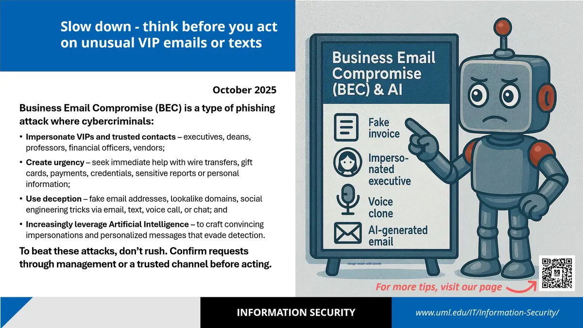 Business email compromise slide with detailed information regarding identifying common scam techniques.