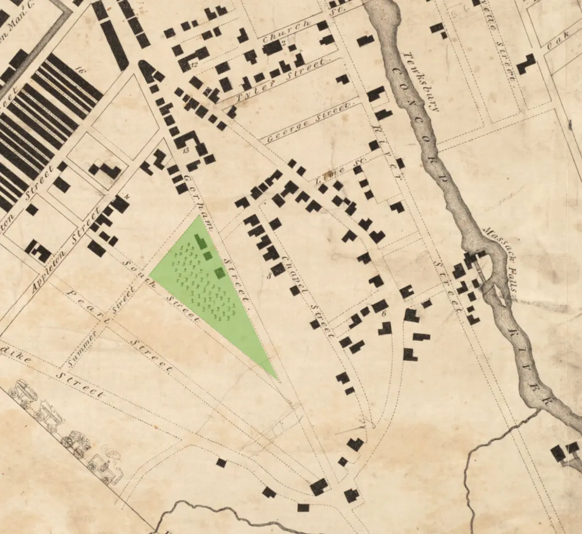 Map of Lowell from 1832 showing lots mainly on South and Gorham Streets.