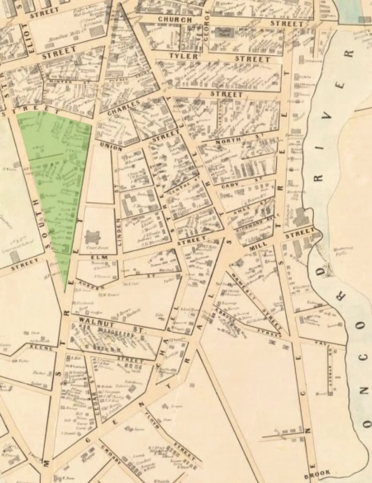 Map of Lowell from 1850 focused on South and Gorham Streets.