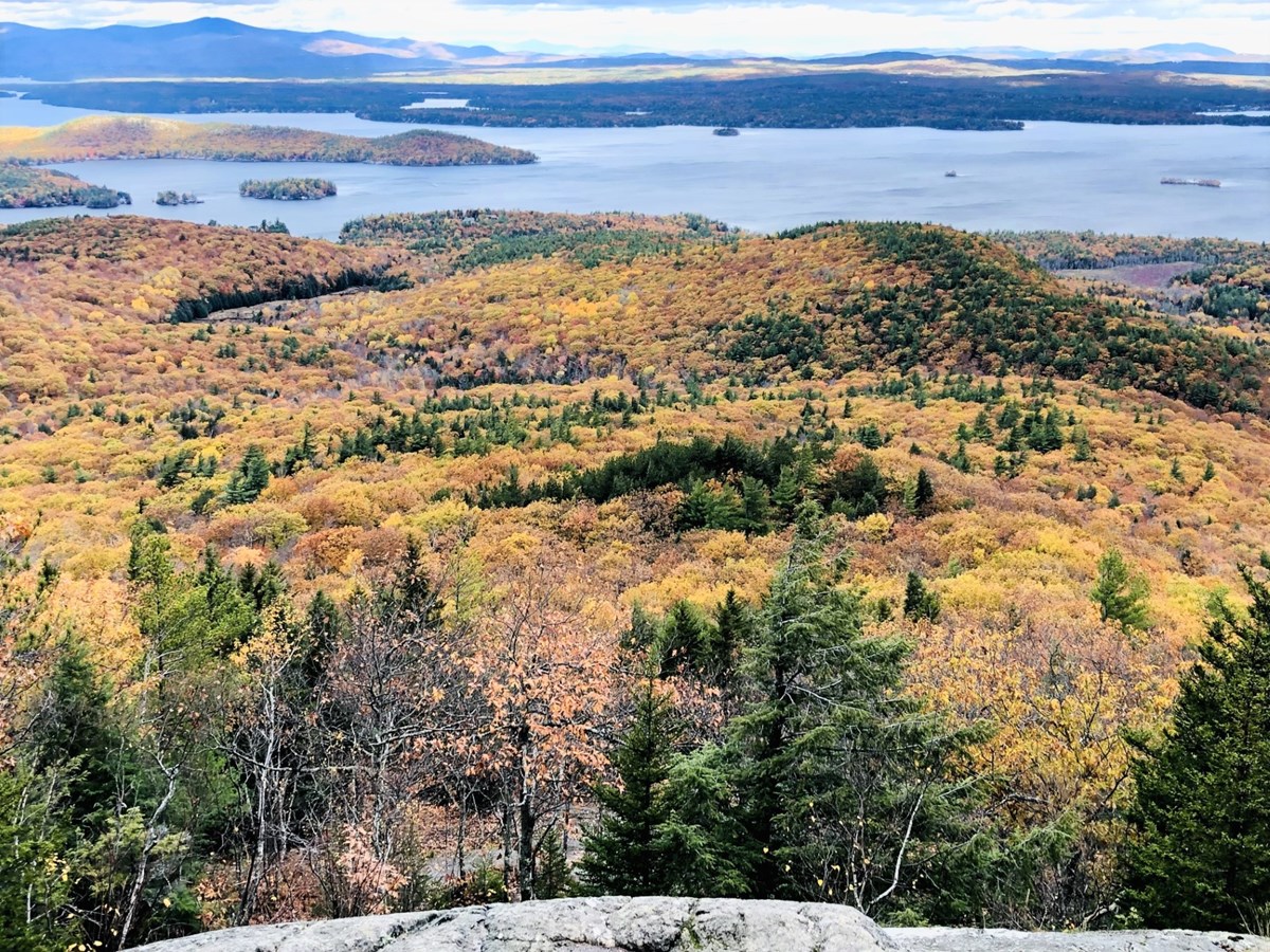 a vista of fall colors and a lake beyond from a high rock outcropping