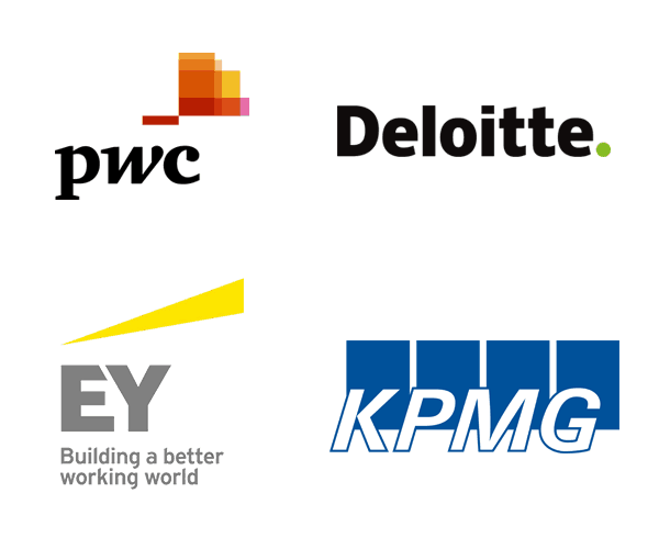 Big 4 accounting logos: PwC, Deloitte, EY, KPMG 