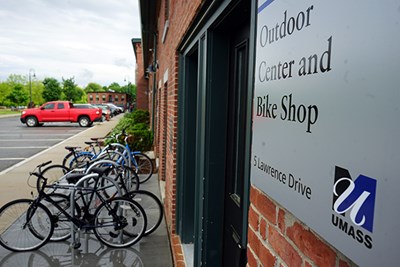 Outside the entrance of the new outdoor center and bike shop