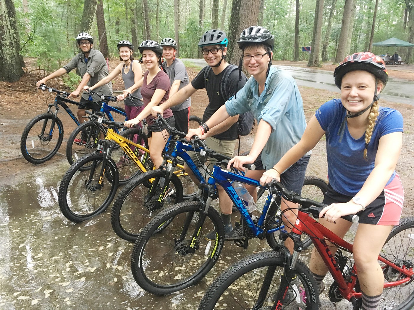 bicycle programs students posing on mountain bikes