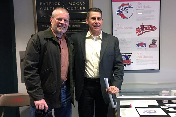 Brian Trainor (right) joined Bob Lucier at the openeing reception of Branding Lowell on March 24 at the Mogan Center.