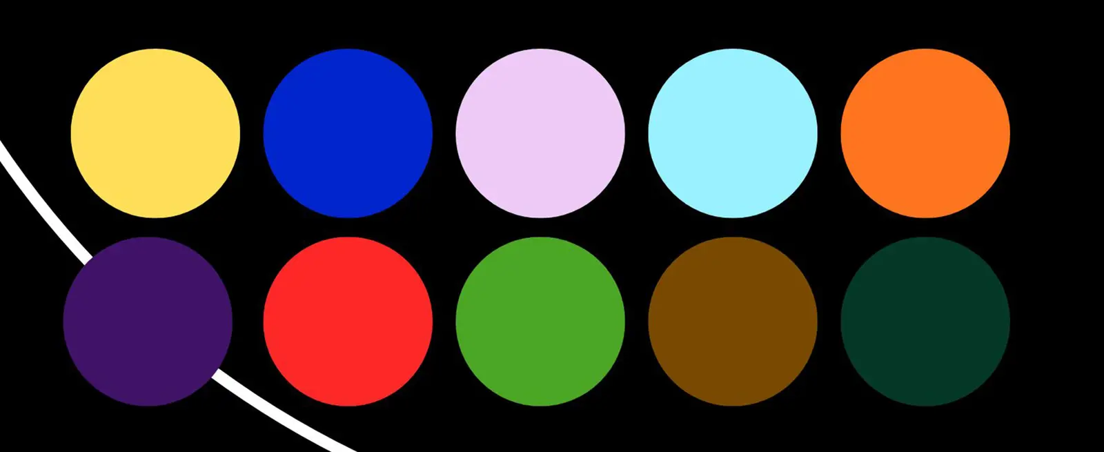 Ten multi-colored circles on a black background and a white line swooping behind some of them.