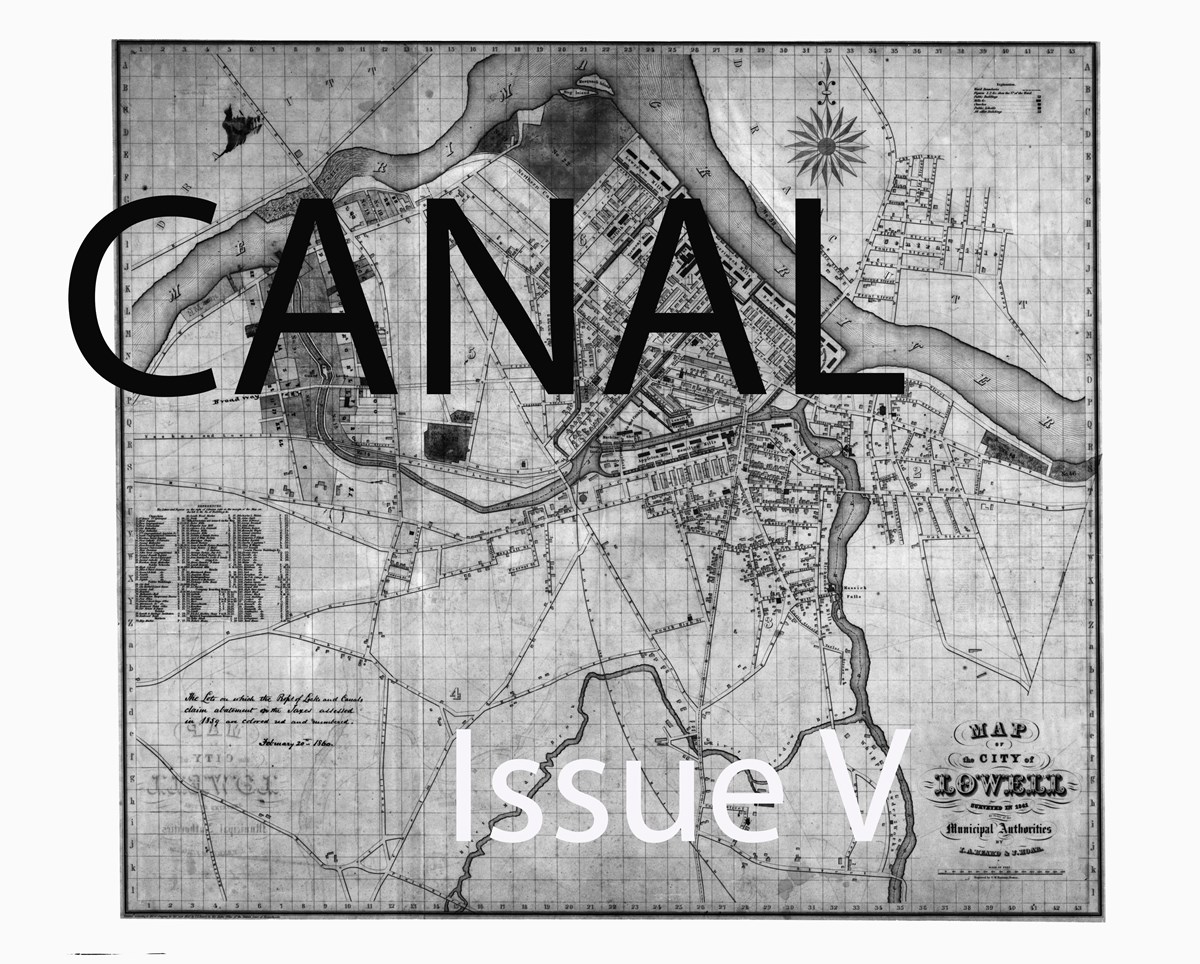 The words CANAL ISSUE V written over a map of the City of Lowell Surveyed in 1841 By Order of the Municipal Authorities