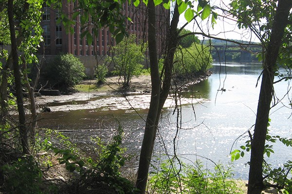 The confluence of the Spicket and Merrimack rivers in Lawrence.