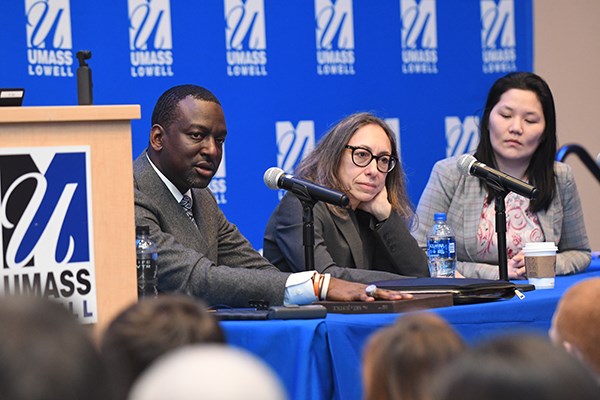 Yusef Salaam, Karen Smolar and Asst. Prof. Miko Wilford talk about the Kalief Browder case at UMass Lowell