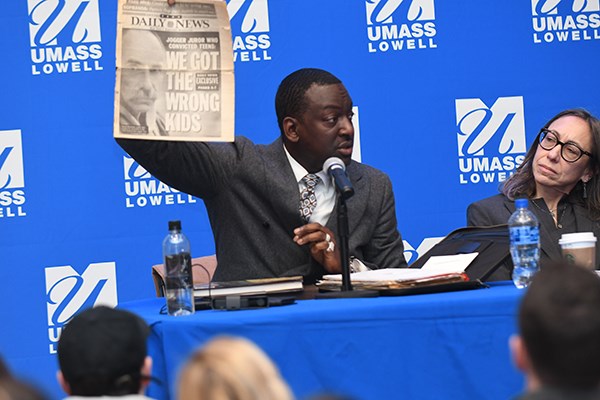Yusef Salaam, who was wrongly convicted in the Central Park Five case, speaks at a panel on plea bargains at UMass Lowell