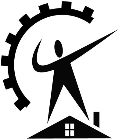 This is CPH-NEW logo which is a stick figure with hands raised, a halo made of engine wheels around its head and standing on a house