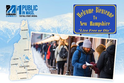 Montage of state of NH map, the Presidential Range, a welcome to NH sign and people standing in line