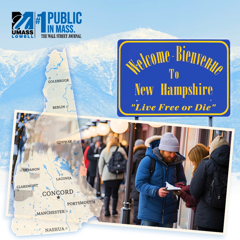 Montage of state of NH map, the Presidential Range, a welcome to NH sign and people standing in line