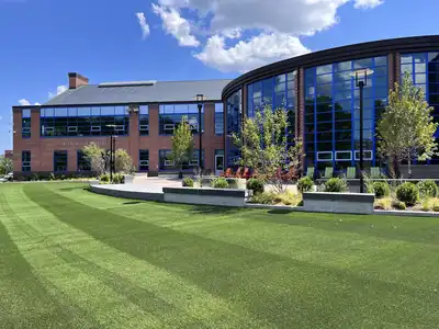 New turf in front of the UMass Lowell Campus Recreation Center.