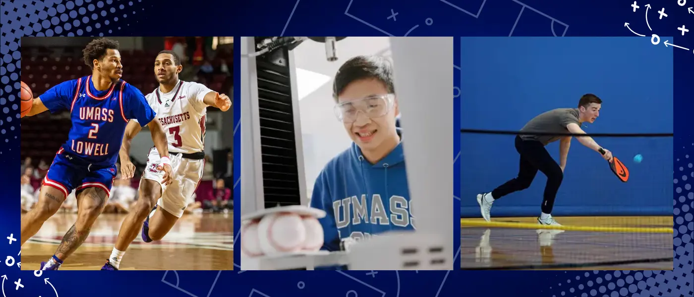Three images on background: basketball players, student in baseball research lab and student playing pickleball