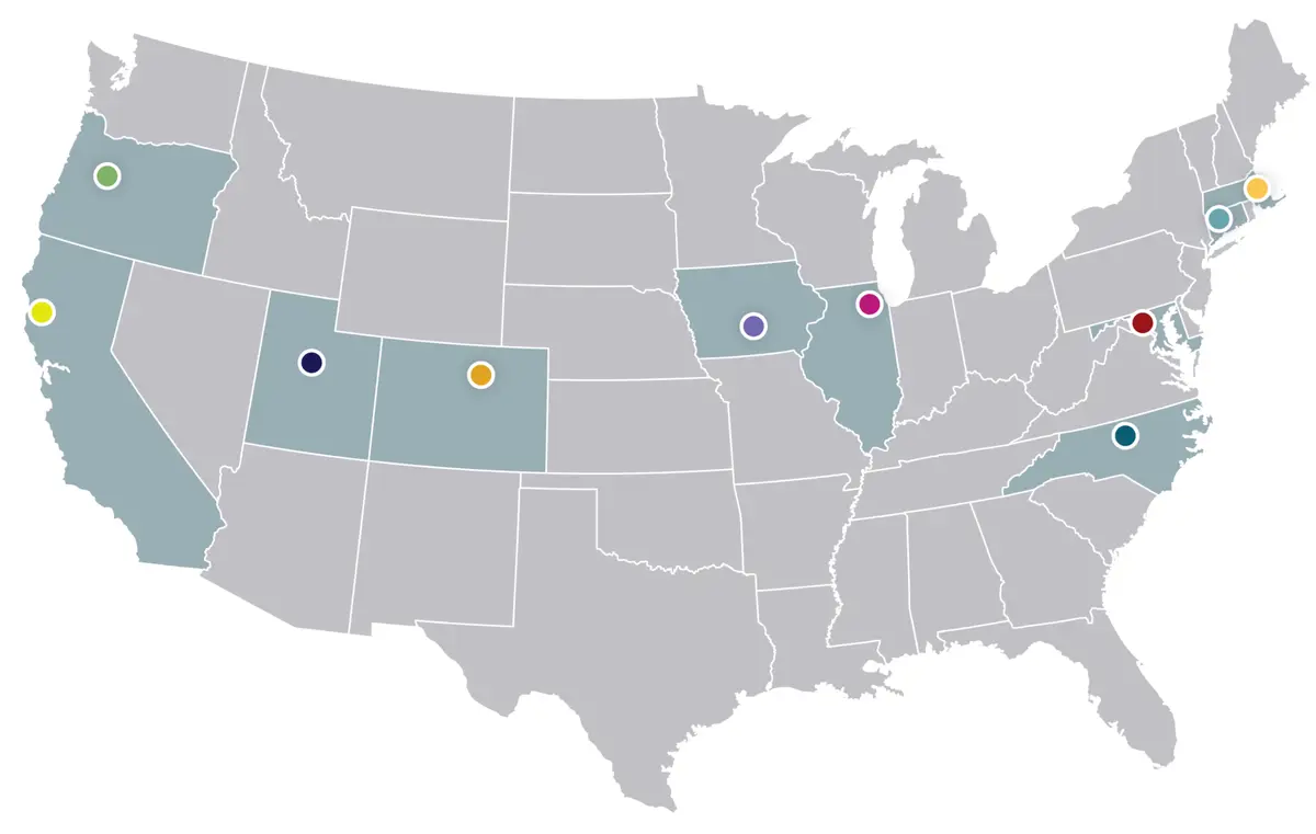 Map of the United States showing the locations of Centers of Excellence for Total Worker Health®