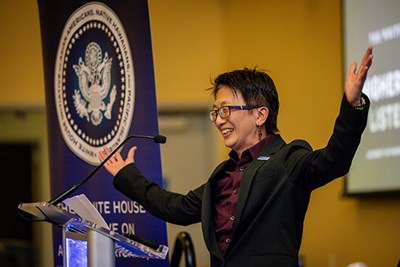 UMass Lowell Chancellor Julie Chen speaks at a White House listening tour event on campus.