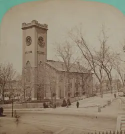 Wintertime black and white image of Christ Church of Lowell
