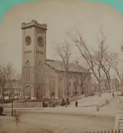 Wintertime black and white image of Christ Church of Lowell