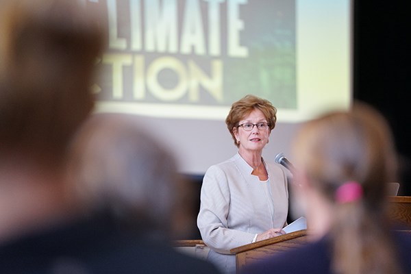 Chancellor Jacquie Moloney speaks at the Climate Change Teach-In