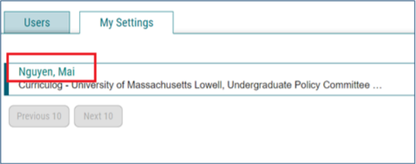 Closeup screenshot of Curriculog userinterface showing “My Settings” tab with linked username highlighted.