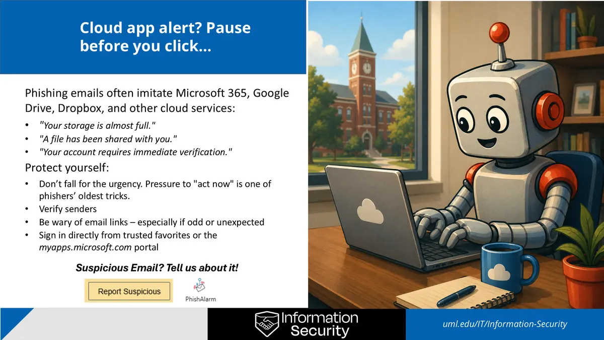 Cloud app alert slide advising users to protect themselves; see text above image for details.