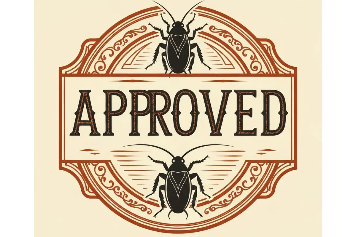 Graphic with cockroaches above and below with the word "Approved."