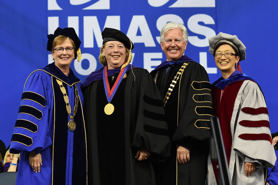 Chancellor Jacqueline Moloney, U.S. Rep. Niki Tsongas, UMass President Marty Meehan and Vice Chancellor for Research and Innovation Julie Chen at UMass Lowell Commencement.