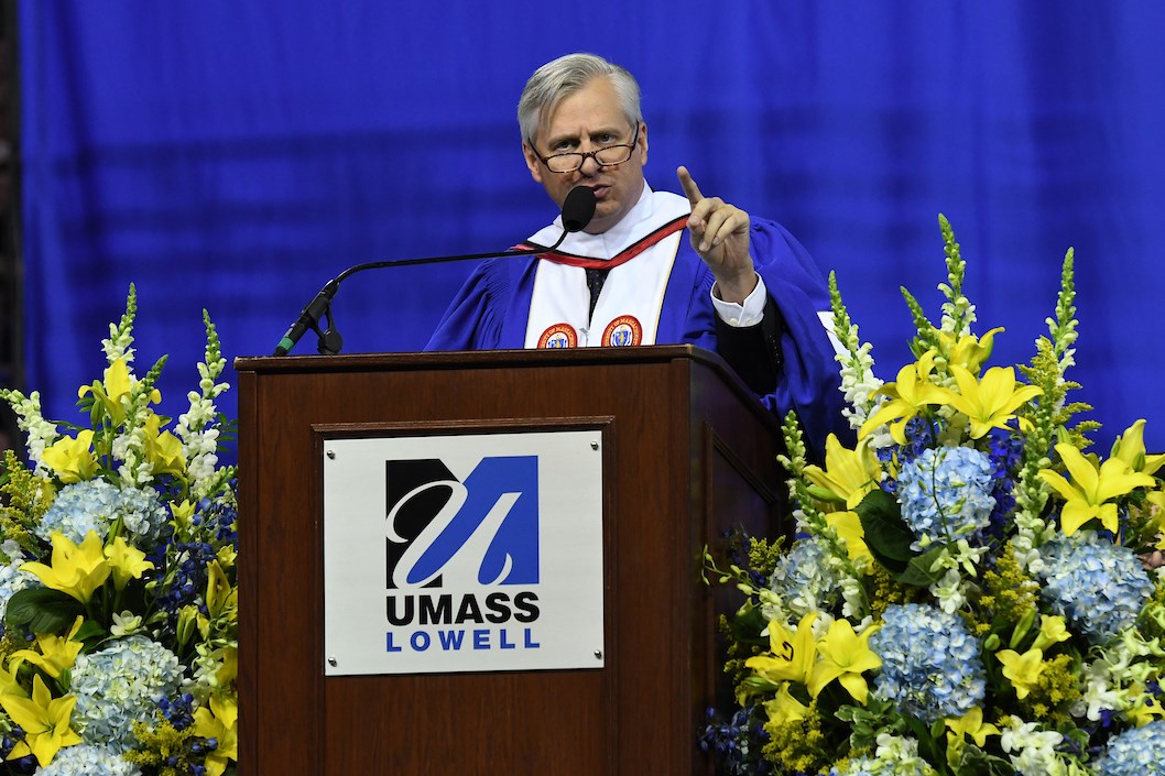 Jon Meacham speaking at 2018 UMass Lowell Commencement