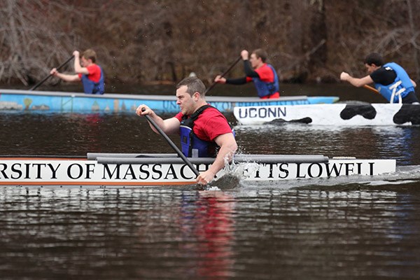 One of the UML men's teams in the regional concrete canoe race 2014