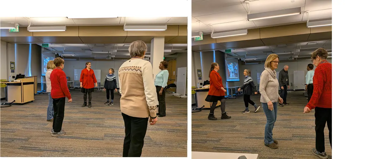 2 images of Learning in Retirement Association (LIRA) members participating in a Conga Line dance.