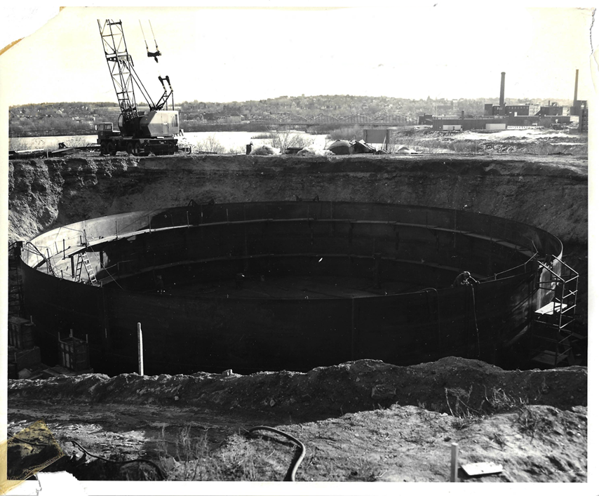 Black and white photo from 1967 of the reactor containment cylindrical shell partially built.