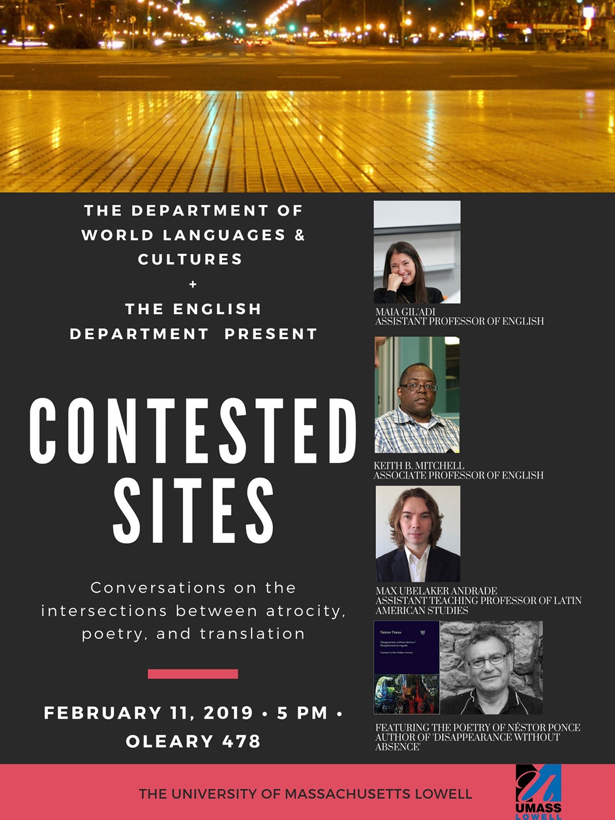 On February 11, 2019, the Department of English and the Department of World Languages & Cultures jointly put together an event titled “Contested Sites.” It was focused on the exploration and discussion of a book by the Argentinian poet Néstor Ponce titled Disappearance without absence (Desapariencia no engaña). The book is dedicated to the individuals who were kidnapped, tortured and murdered by the military dictatorship in Argentina (1976 -1983).