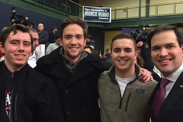 Tyler Farley, left, and members of the "Electoral Politics" class met Marco Rubio at a town hall in Salem, N.H.
